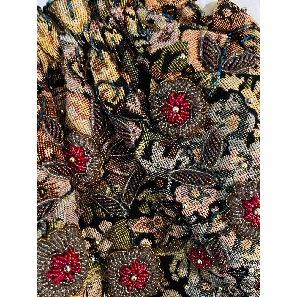 Vintage Floral Tapestry Kiss Lock Handbag Gold Beaded Chain Evening Purse OS